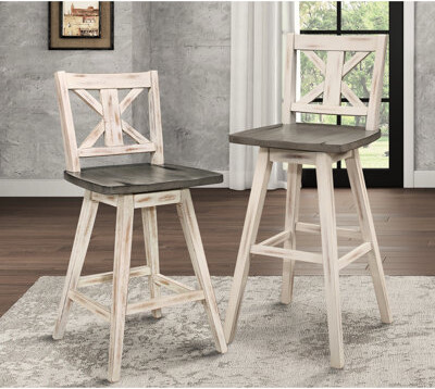 Red Barrel Studio Counter Height Chairs 2  White Gray Solid Wood Rustic 360 Swivel Dining Room Gray 2  Rubberwood Swivel