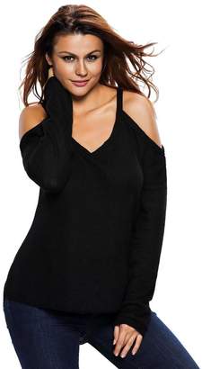 Shawhuwa Womens Sexy Knit Cold Shoulder Long Sleeves Tunic Sweater S