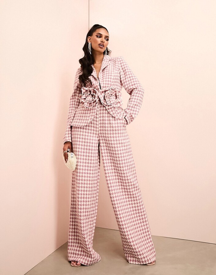 ASOS Luxe boucle dogtooth wide leg suit trousers in pink and white