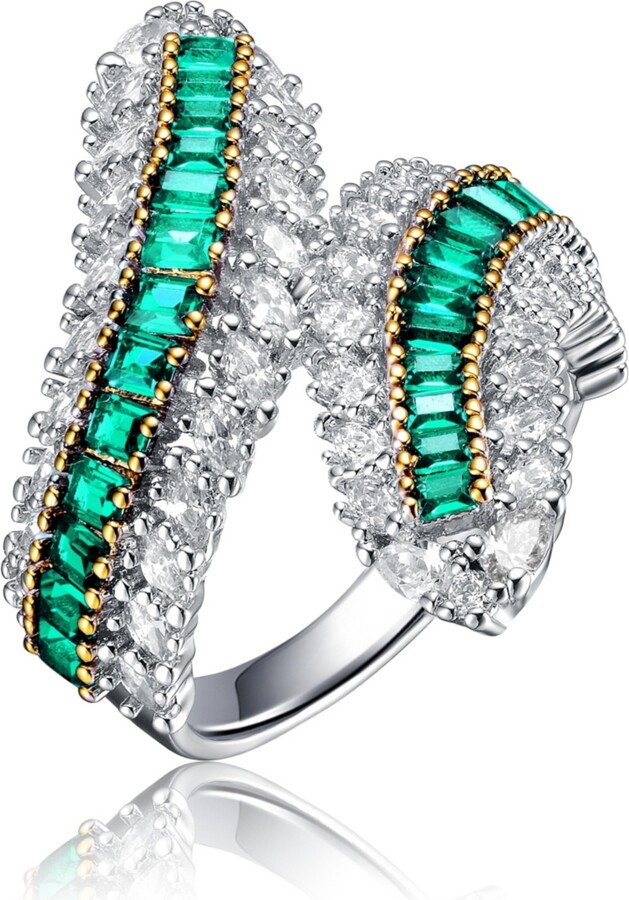 Genevive Sterling Silver Rhodium Plated with Green Cubic Zirconia Bypass Ring
