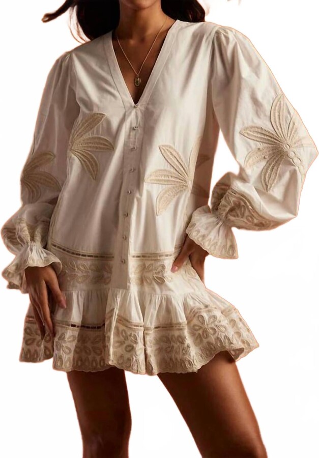 Ari Embroidered Long Sleeve Mini Dress In White