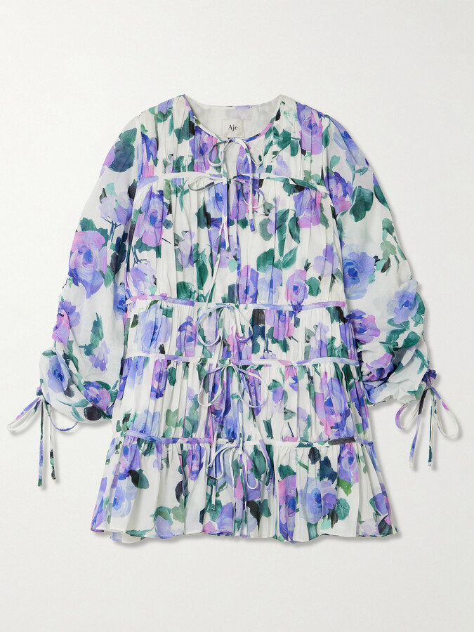Aje Clover Tie-detailed Tiered Gathered Floral-print Cotton-voile Mini Dress - Purple