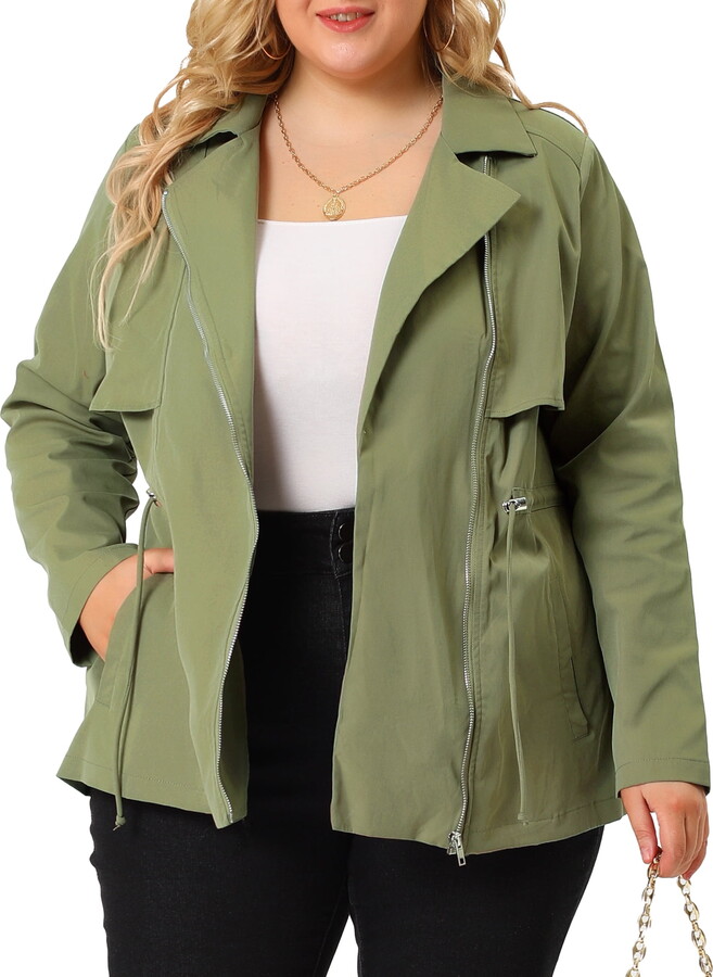 Unique Bargains Juniors’ Plus Size Lapel Zipper Drawstring Waist Moto Jacket 1X Green