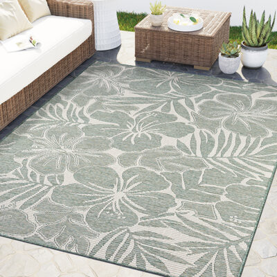 Ebern Designs Abani Green Tropical Flower Indoor/Outdoor Area Rug