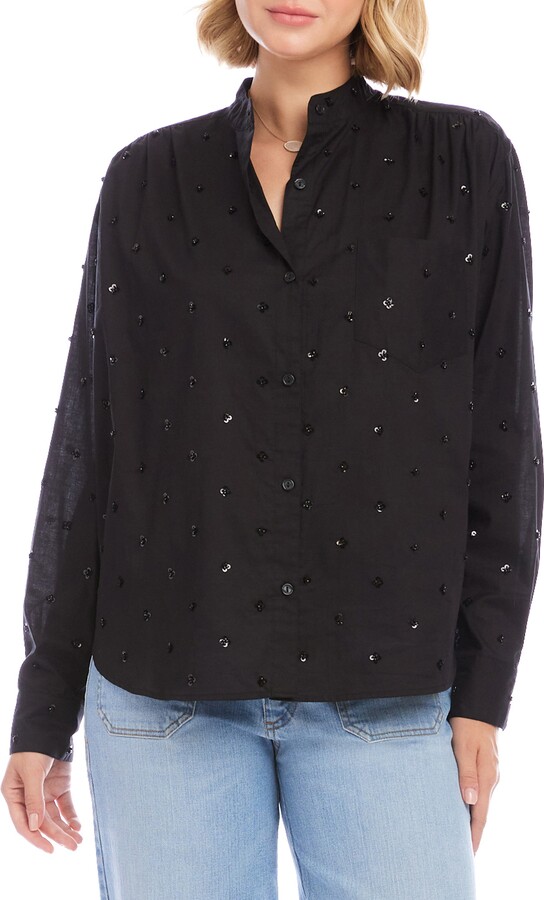 Karen Kane Floral Embellished Button-Up Shirt