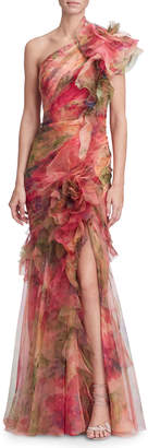 Marchesa One-Shoulder Fit & Flare Floral Organza Gown