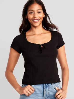 Women's T-Shirt Cutout Front Pointelle Knit Tee T-Shirt for Women