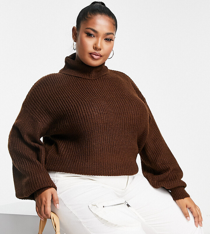 Threadbare Curve Threadbare Plus Grace roll neck jumper in chocolate