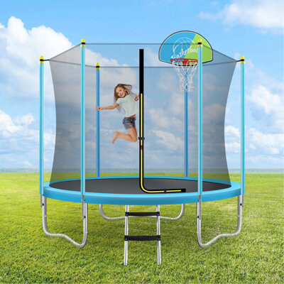Jiafan 8FT Trampoline For Kids With Safety Enclosure Net Basketball Hoop And Ladder Easy Assembly Round Outdoor Recreational Trampoline