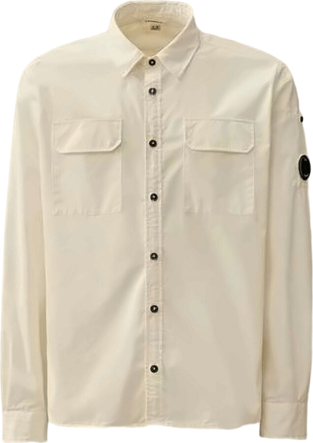 C.P. Company Minimalist White Long-Sleeve Shirt with Distinctive Patch