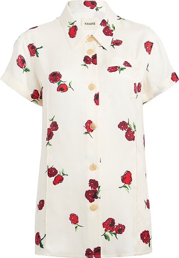 KHAITE Women's Keefe Silk Raspberry Print Shirt - Raspberry Cream - Size XS