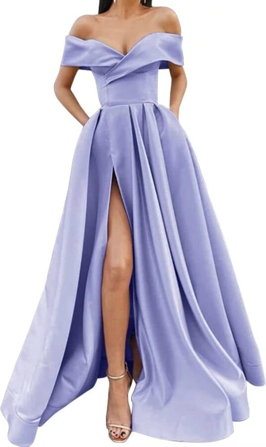 DELEND Women's Off The Shoulder Prom Dress V Neck Satin Ball Gown Long