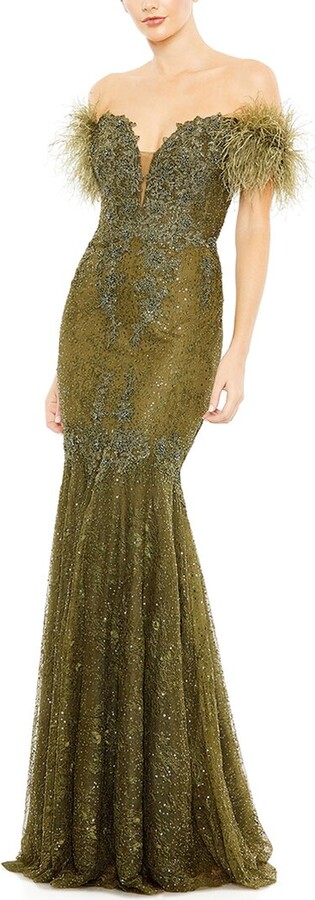 Mac Duggal Feathered Crystal Embellished Mermaid Gown