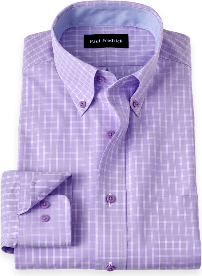 Paul Fredrick Slim Fit Non-iron Cotton Check Dress Shirt With Contrast Trim