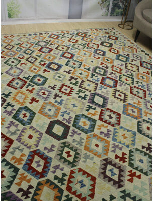 Foundry Select Hults Southwestern Handmade Kilim Wool Ivory/Green/Orange Area Rug