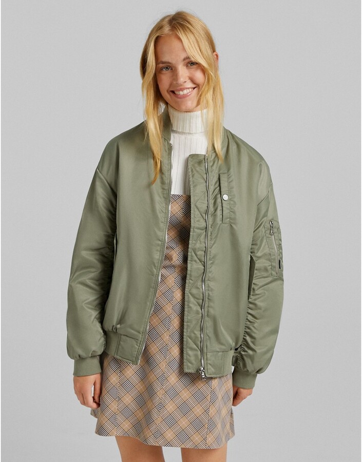 Bershka nylon bomber jacket in khaki - ShopStyle