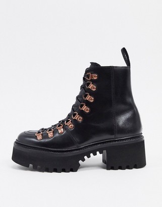 Grenson Nanette black leather chunky hiker boots with rose gold hardware