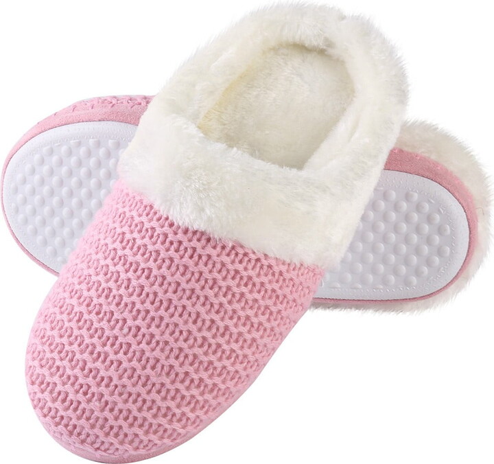 Pink Womens Warm Winter Slippers Cozy Cable Knit Memory Foam House Slipper Clog Shoes with Fuzzy Plush Collar for Women