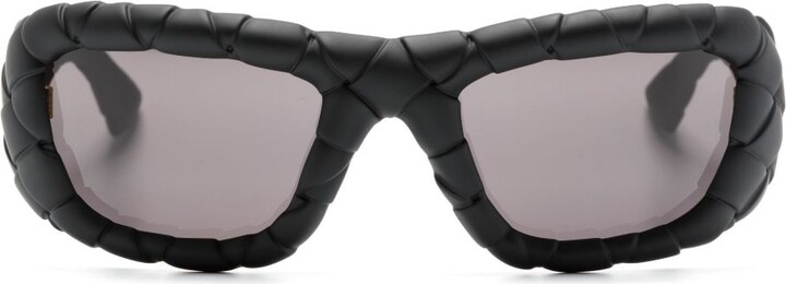 Bottega Veneta Black Intrecciato Rectangle-Frame Sunglasses