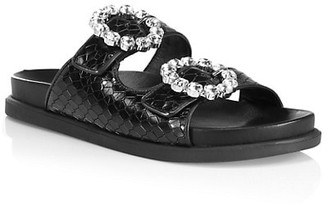 Schutz Ariel Crystal-Embellished Snakeskin-Embossed Leather Slides