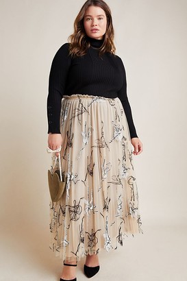 Geisha Designs Pleated Tulle-Embroidered Maxi Skirt