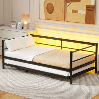 Metal Daybed with LED and Adjustable Trundle, Pop Up Trundle
