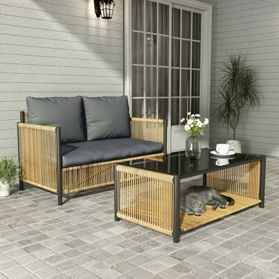 Ebern Designs New Comming Outdoor PE Brown Wicker 2Seats Sofa With Cushion And Table Set