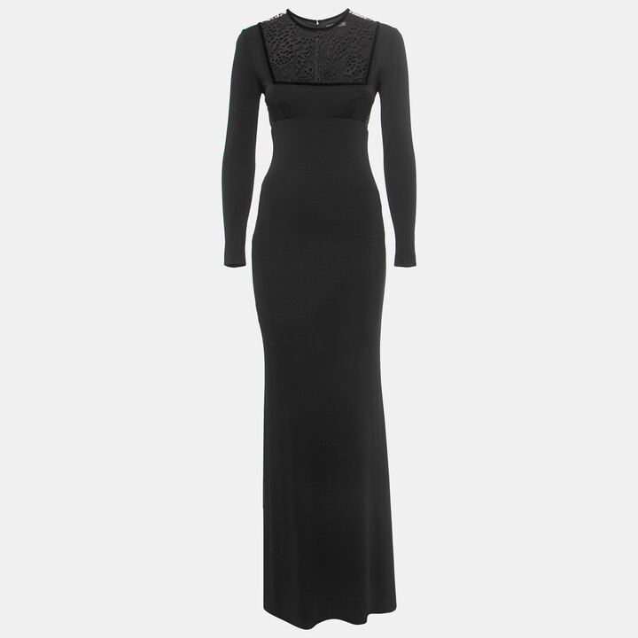 Alexander McQueen Black Jersey Lace Trimmed Long Sleeve Maxi Dress  