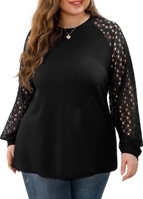OLRIK Plus Size Tops for Women Lace Sleeve Blouse Waffle Knit Long Sleeve  Shirts Oatmeal-2X - ShopStyle