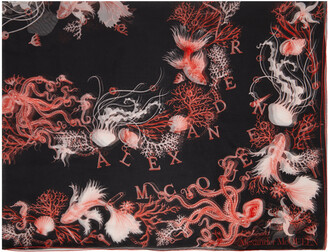 Alexander McQueen Black & Red Silk Coral Scarf