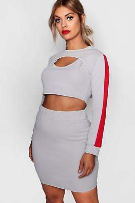 boohoo NEW Womens Plus Sports Stripe Cut Out 3 Piece Co-ord in Grey size 18