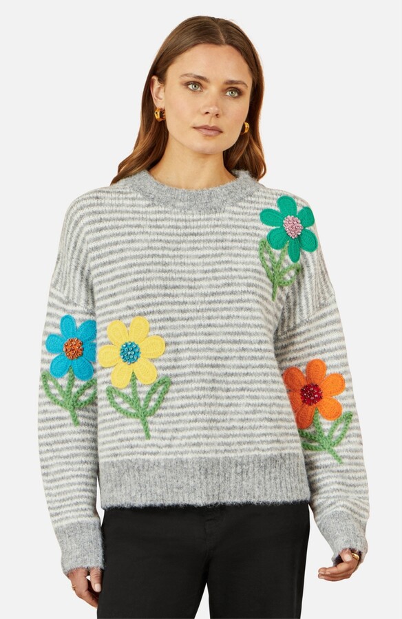 Yumi Women's Striped Relaxed Fit Jumper With Flowers