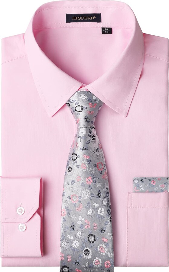 HISDERN Men's Dress Shirts Long Sleeve Formal Business Button Down Pink