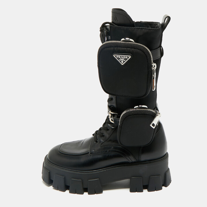 Prada Black Leather and Nylon Monolith Combat Boots Size 37.5