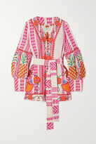 Thumbnail for your product : Farm Rio Belted Embroidered Cotton-jacquard Jacket - Pink