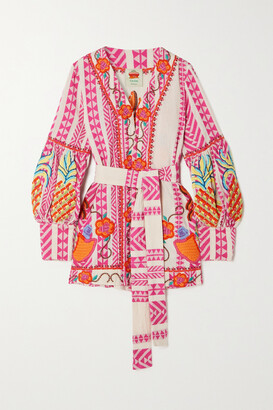 Farm Rio Belted Embroidered Cotton-jacquard Jacket - Pink