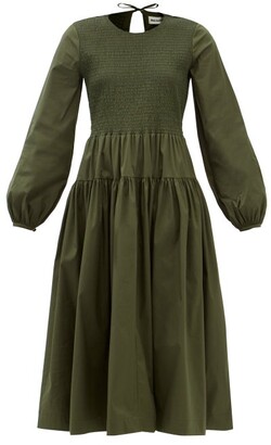 Molly Goddard Zari Shirred Cotton-blend Midi Dress - Dark Green
