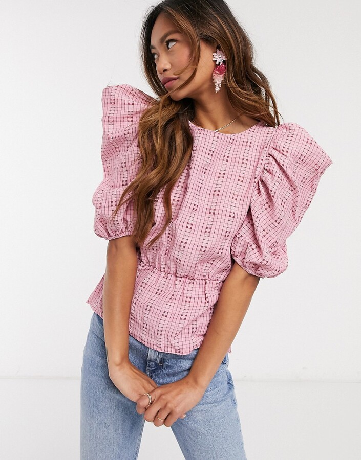 Miss Selfridge puff sleeve blouse in pink check - ShopStyle Tops