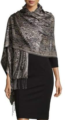 Sabira Paisley Jacquard Weave Silk Shawl, Black/White