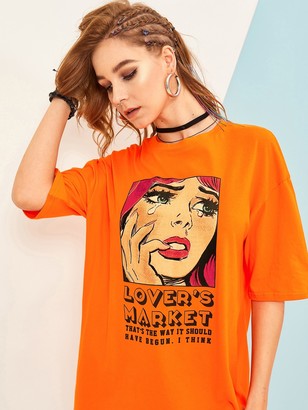 Shein Figure & Slogan Print Neon Orange T-shirt Dress