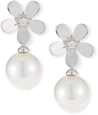 BELPEARL 18k Diamond Daisy Pearl Drop Earrings