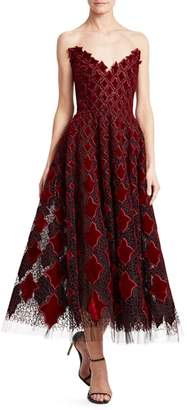 Oscar de la Renta Strapless Velvet & Tulle Tea-Length Dress