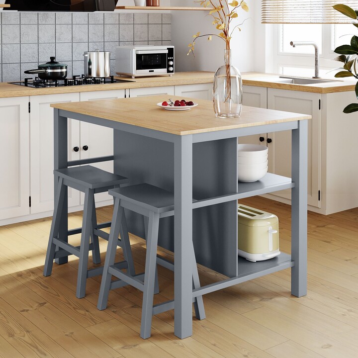 RASOO 3piece Stationary Kitchen Island Set with 2 Seatings, Rubber