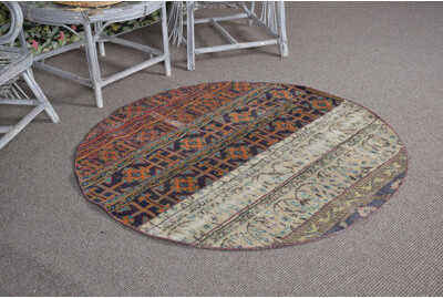 Bungalow Rose Vintage Turkish Round Accent Rug in Warm Orange Hues Perfect for Kitchen and Entryway