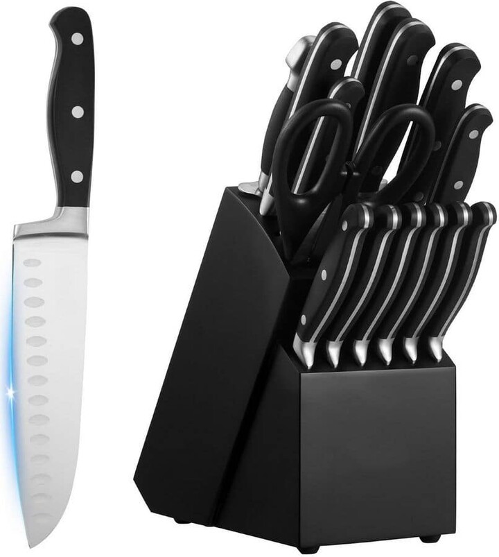 SKYSHALO Kitchen Knife Set with Block and Sharpener, Stainless Steel, Kitchen Cutlery w/ Handle, Sharpening Rod & Block, 15-Piece