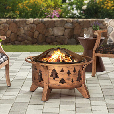 Loon Peak Sunjoy Vittoria 30 inch Outdoor Wood Burning Fire Pit Patio Tree Motif Round Steel Firepit Large Fire Pits for Outside with Spark Screen and Poker