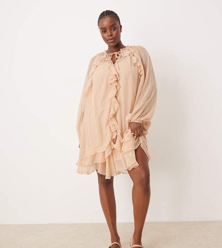 ASOS DESIGN Curve textured chiffon mini dress with ruffles & blouson sleeve in peach