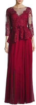 Rickie Freeman For Teri Jon 3/4-Sleeve Lace & Chiffon Peplum Gown, Red