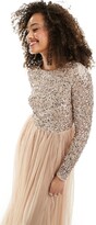 Thumbnail for your product : Maya Bridesmaid long sleeve maxi tulle dress with tonal delicate sequin in muted blush