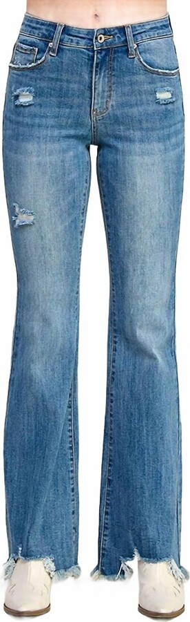 Saige Denim Mid Rise Boot Cut With Destroy Fray Hem Super Stretch Jeans In Blue